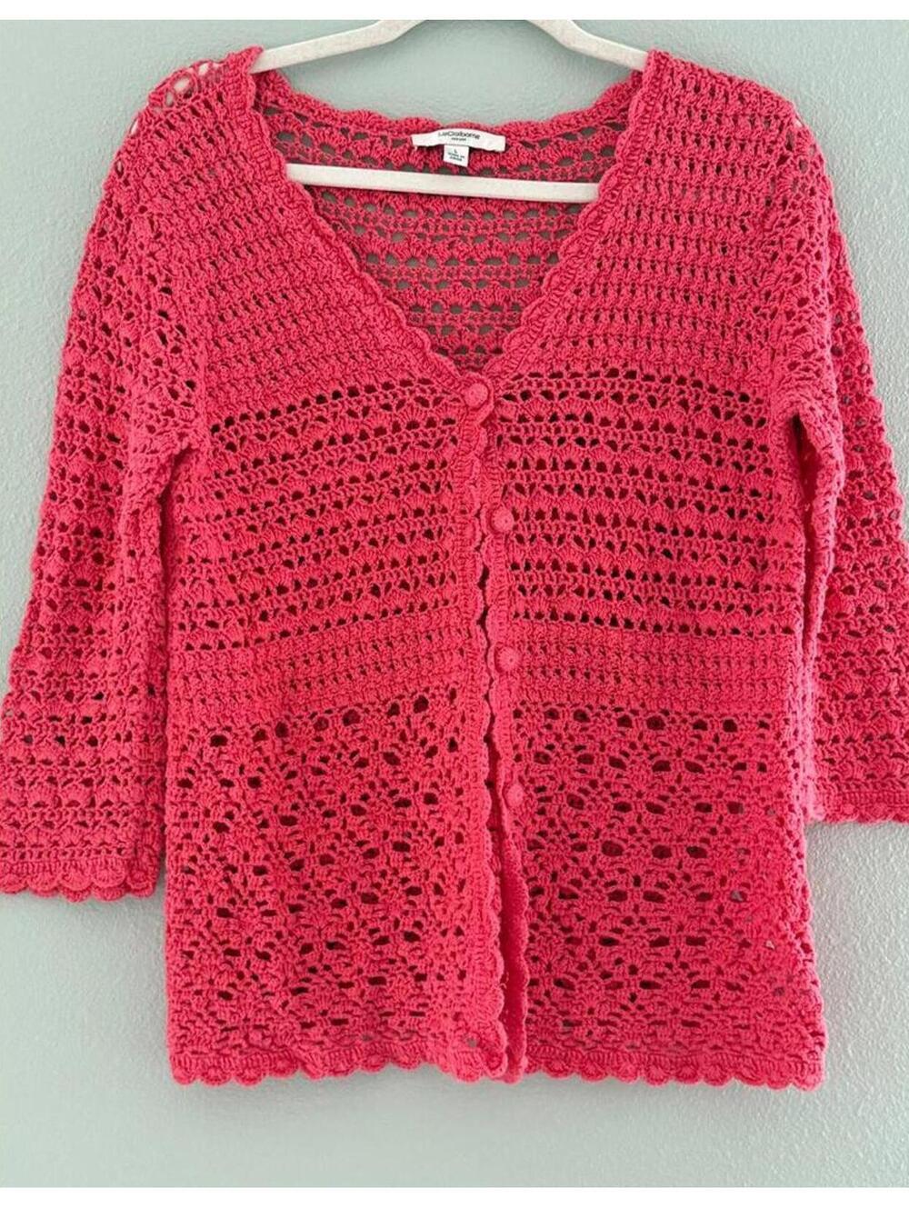 Y2K Liz Claiborne Pink Crochet Sweater – Soft Girl Vintage Perfection; Large